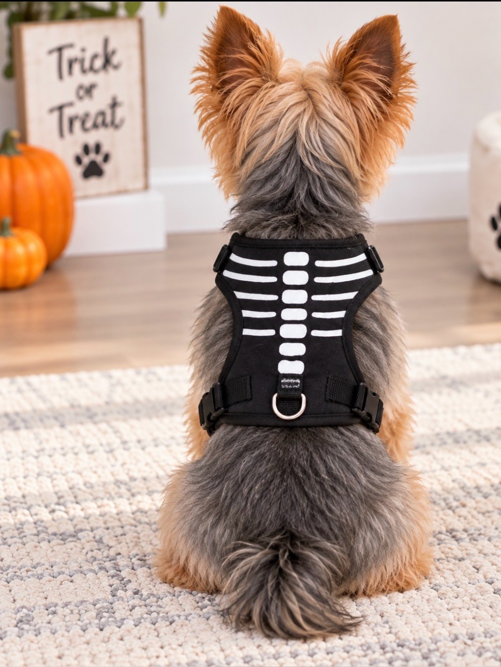 Halloween skeleton dog harness. Soft plush. Adjustable strap, black & white. S